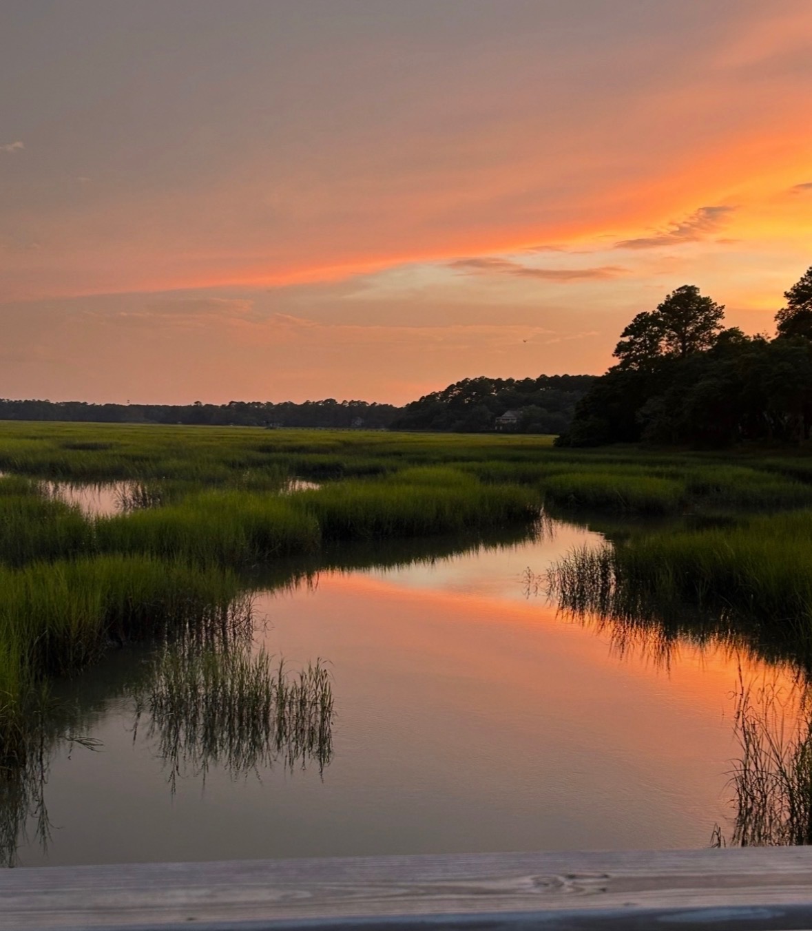 Lowcountry salt marsh at sunset with golden sky reflected on calm water
